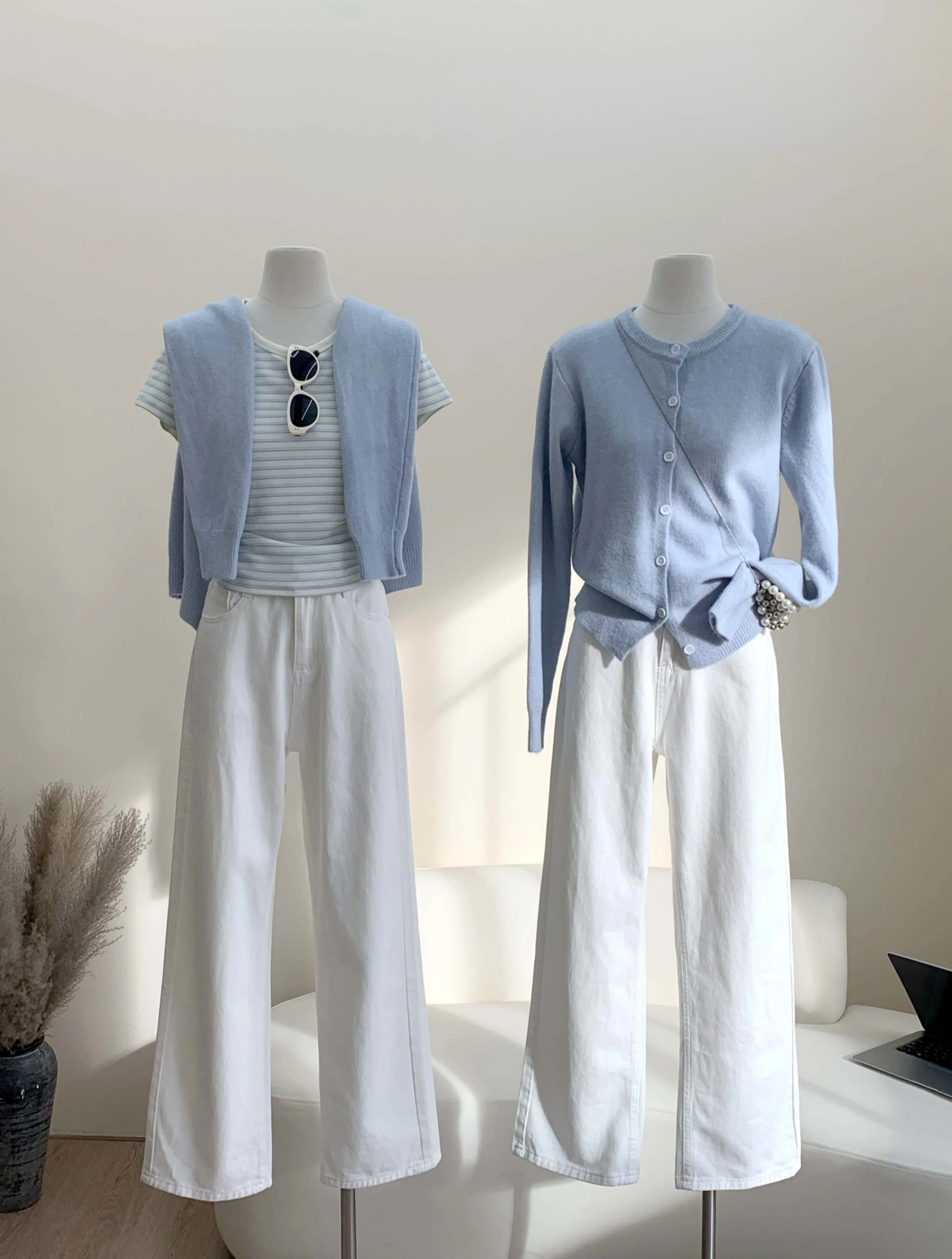 Ying Fashion Shop 心動質感 軟糯百搭針織外套 短袖條紋上衣 白色質感牛仔寬褲 超顯瘦三件套 拆售