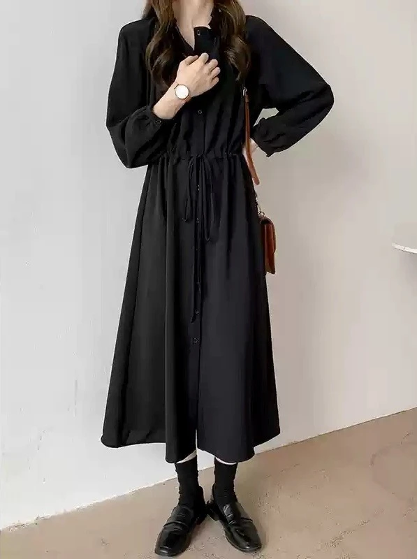 Ying Fashion Shop 爆瘦款! 赫本風長袖連衣裙 斜紋棉 抽繩設計感 垂感A字版型 寬鬆長袖襯衫連衣裙