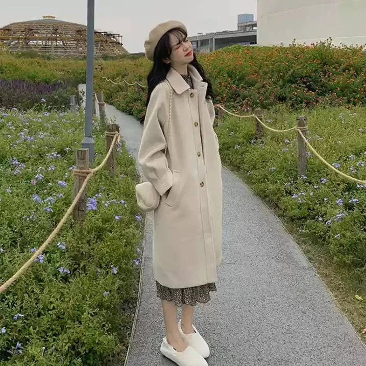Ying Fashion Shop 高級感毛呢外套 修身顯瘦 羊絨大衣 學院風 長版毛呢外套 翻領羊毛大衣外套 毛呢大衣外套