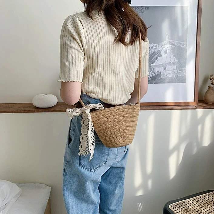 Ying Fashion Shop 質感海邊渡假風 草編包 草編水桶包 斜背包 肩背包 蕾絲綁帶