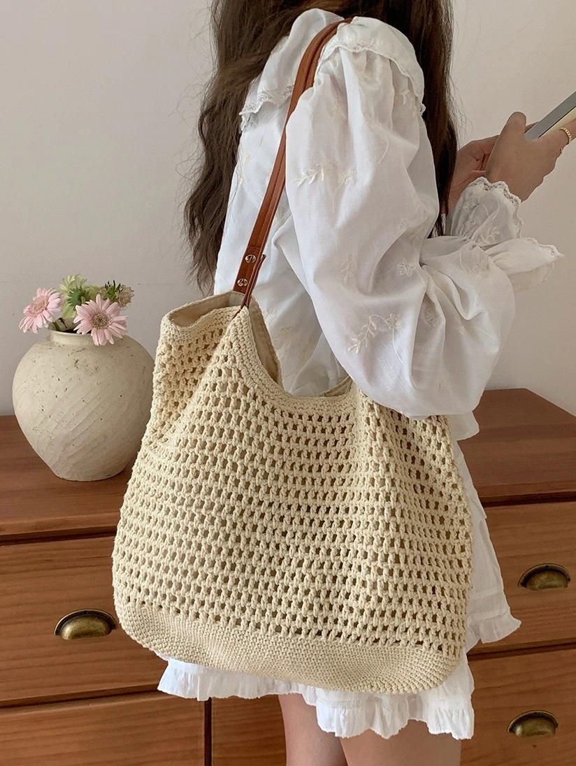 Ying Fashion Shop 海灘渡假風 大容量包包 百搭單肩包 草編通勤包 托特包 鏤空草編包