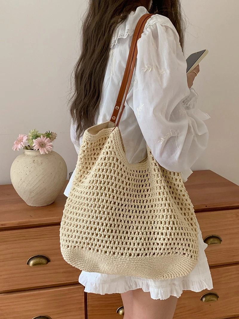 Ying Fashion Shop 海灘渡假風 大容量包包 百搭單肩包 草編通勤包 托特包 鏤空草編包