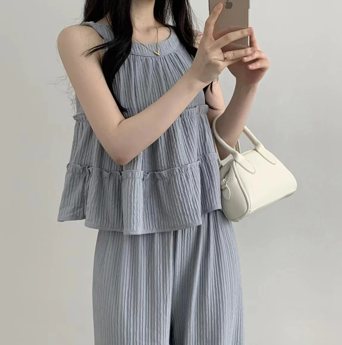 Ying Fashion Shop 甜美繞頸娃娃上衣 層次娃娃衫+直筒休閒長褲 兩件套
