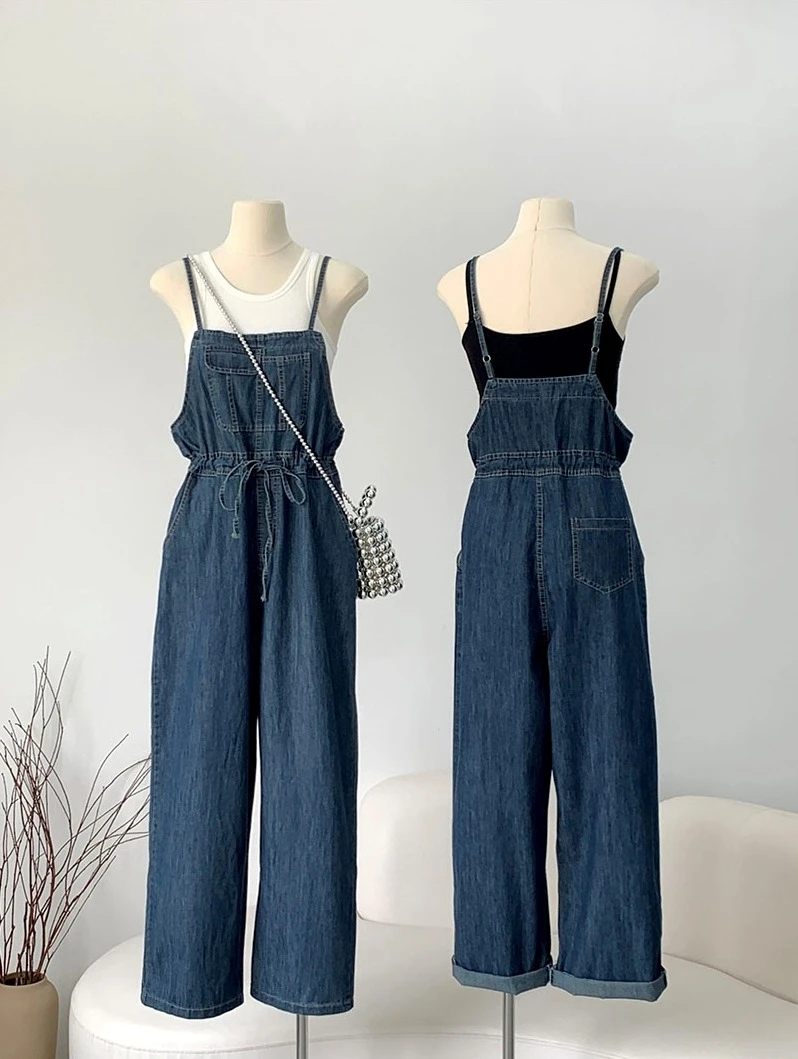 Ying Fashion Shop 柔軟牛仔 慵懶風 牛仔吊帶褲 收腰連身褲 小個子吊帶長褲 直筒吊帶牛仔褲