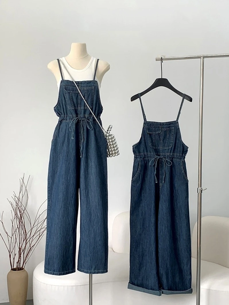 Ying Fashion Shop 柔軟牛仔 慵懶風 牛仔吊帶褲 收腰連身褲 小個子吊帶長褲 直筒吊帶牛仔褲
