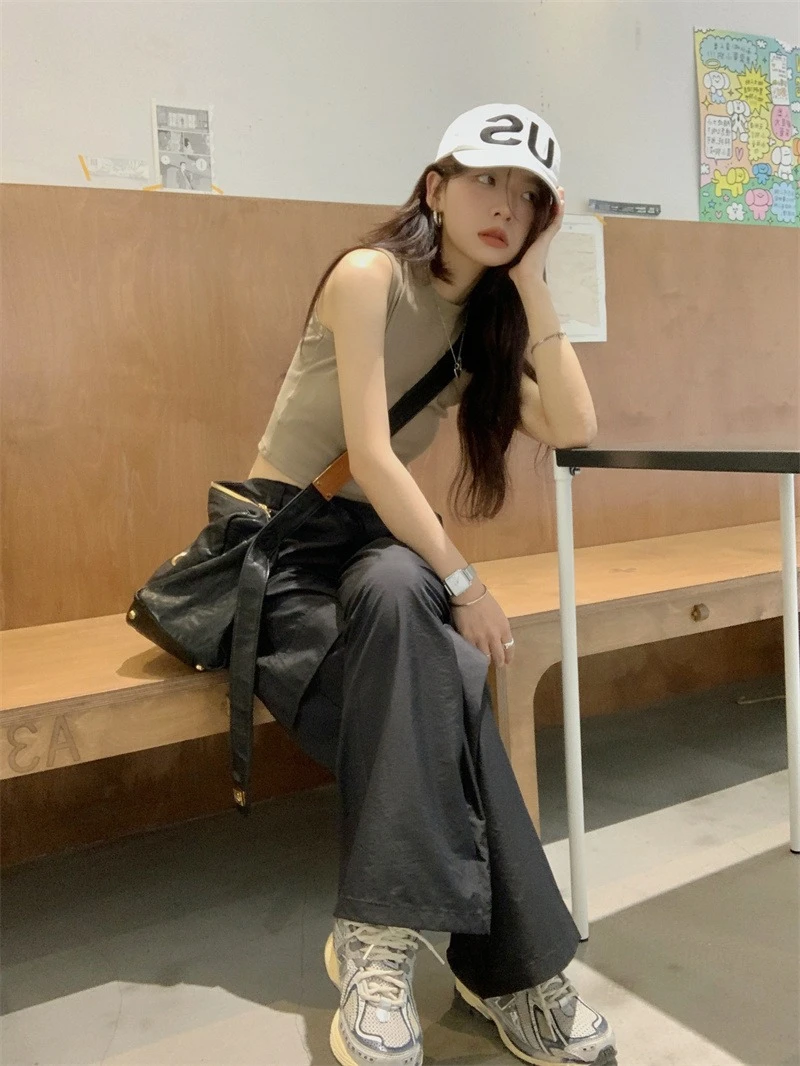 Ying Fashion Shop 甜酷辣妹 短版背心 繞頸背心 顯瘦套裝 短版背心+工裝褲兩件式套裝 拆售