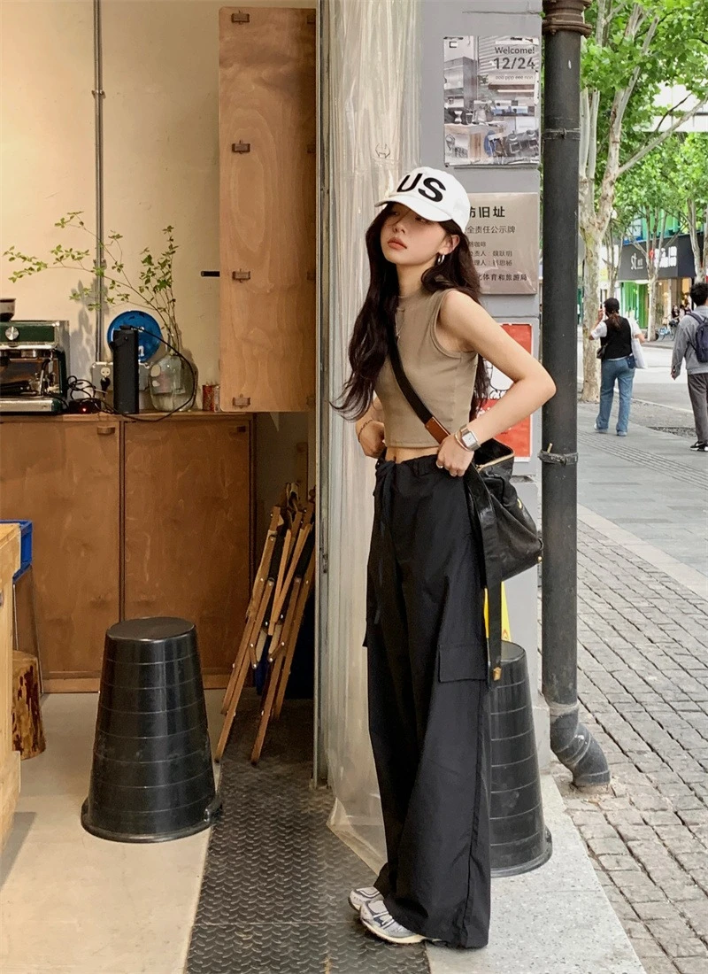 Ying Fashion Shop 甜酷辣妹 短版背心 繞頸背心 顯瘦套裝 短版背心+工裝褲兩件式套裝 拆售