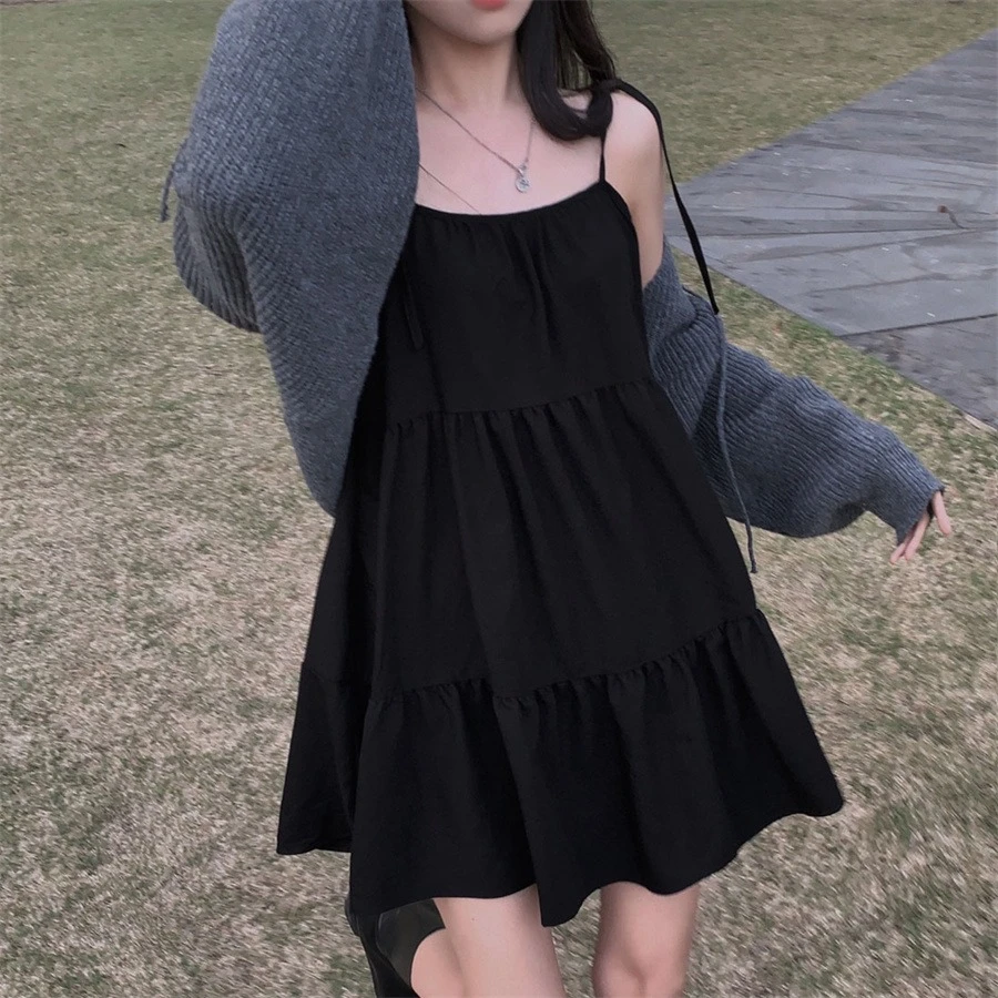 Ying Fashion Shop 氣質法式 簡約寬鬆感 休閒吊帶連衣裙 吊帶蓬蓬裙 綁帶蛋糕裙