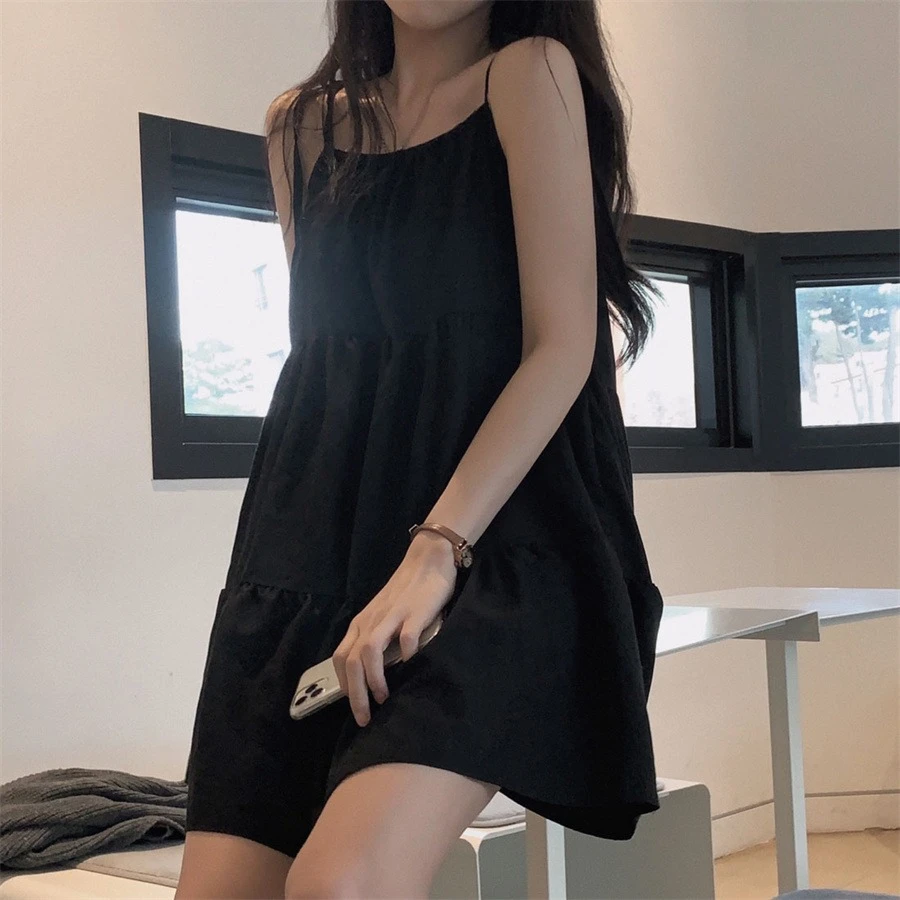 Ying Fashion Shop 氣質法式 簡約寬鬆感 休閒吊帶連衣裙 吊帶蓬蓬裙 綁帶蛋糕裙