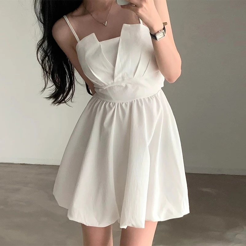 Ying Fashion Shop 小個子設計感 蝴蝶結後綁帶 皺褶吊帶洋裝 花苞蓬蓬裙 吊帶連衣裙