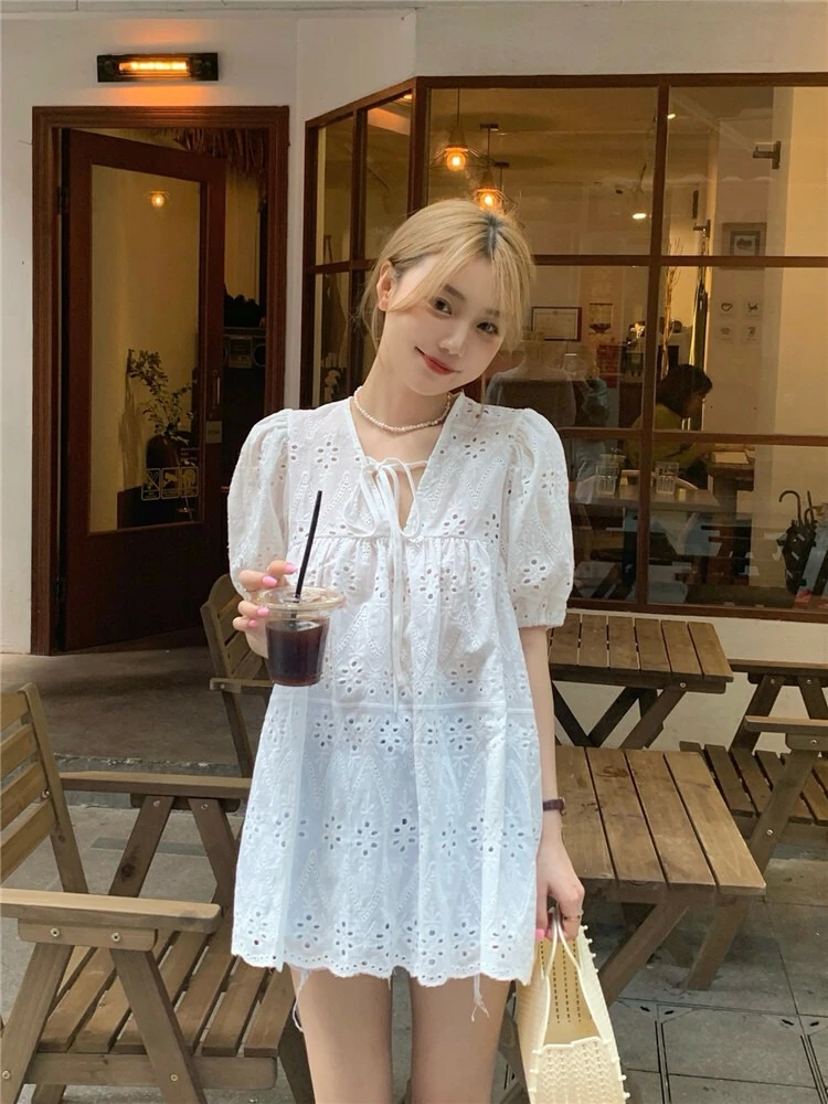 Ying Fashion Shop 甜美氣質娃娃衫 蕾絲設計感 短袖襯衫上衣 白色蕾絲襯衫上衣
