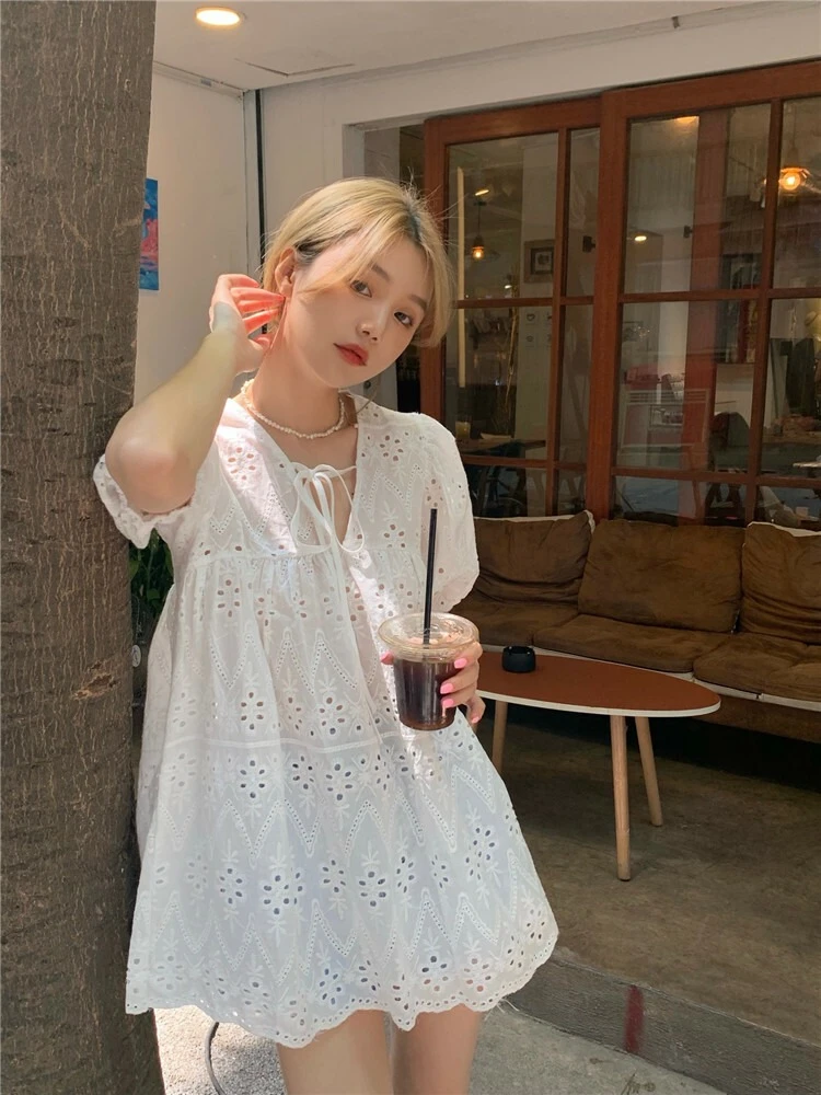 Ying Fashion Shop 甜美氣質娃娃衫 蕾絲設計感 短袖襯衫上衣 白色蕾絲襯衫上衣