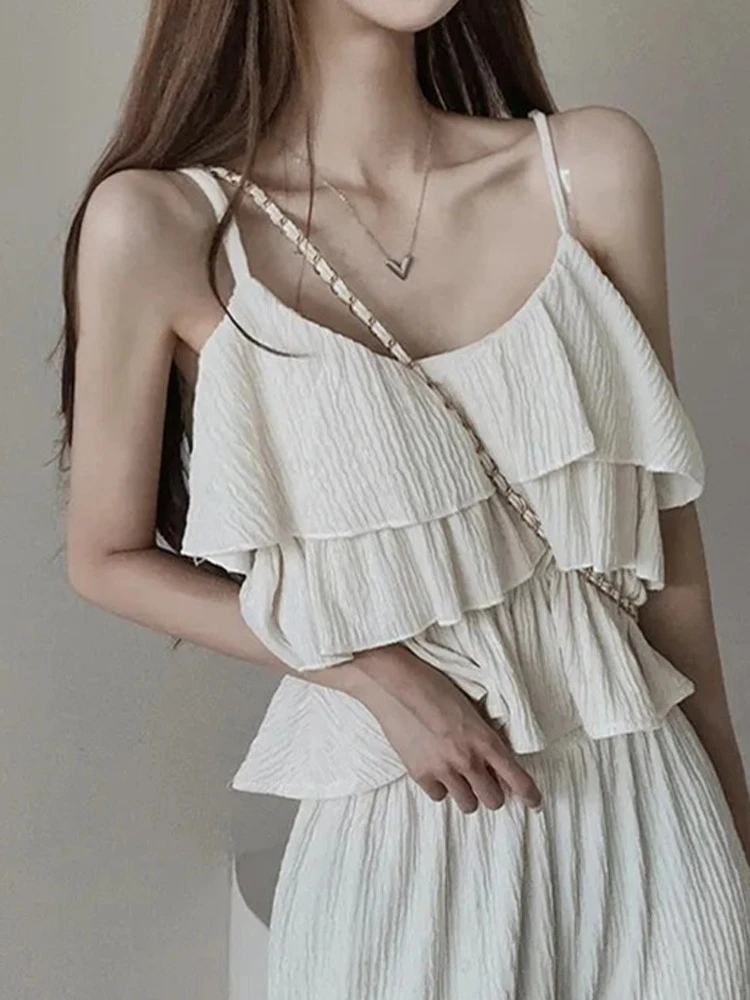 Ying Fashion Shop 清新夏季 氣質荷葉邊上衣 V領吊帶上衣 壓摺設計 鬆緊寬褲 鬆緊長褲 兩件式套裝