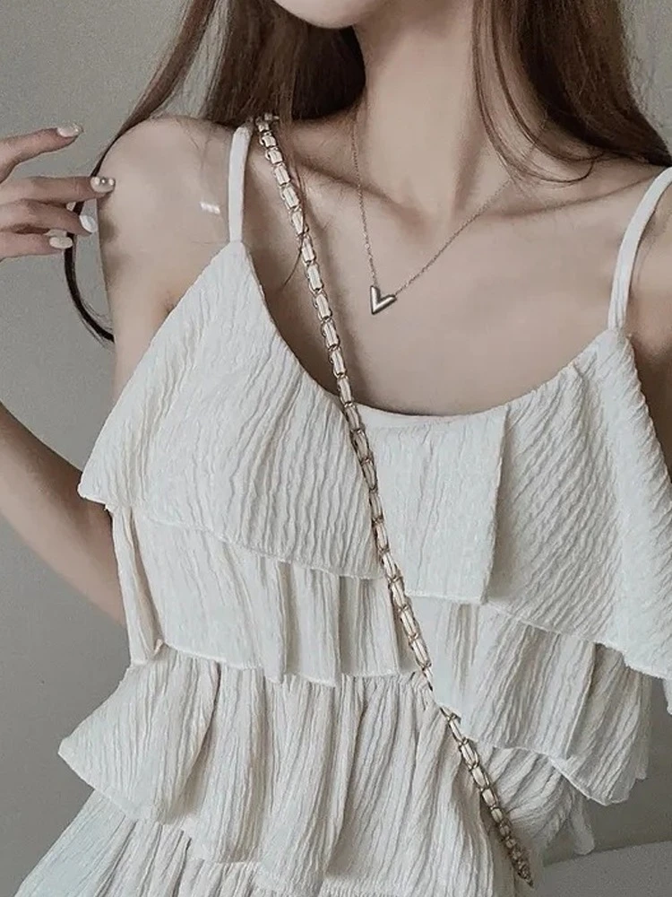 Ying Fashion Shop 清新夏季 氣質荷葉邊上衣 V領吊帶上衣 壓摺設計 鬆緊寬褲 鬆緊長褲 兩件式套裝