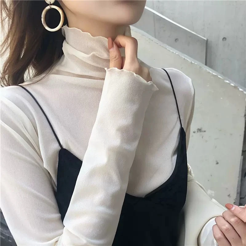 Ying Fashion Shop 柔軟彈性 高領內搭 蕾絲打底衫 薄款透視 網紗疊穿 木耳邊長袖上衣