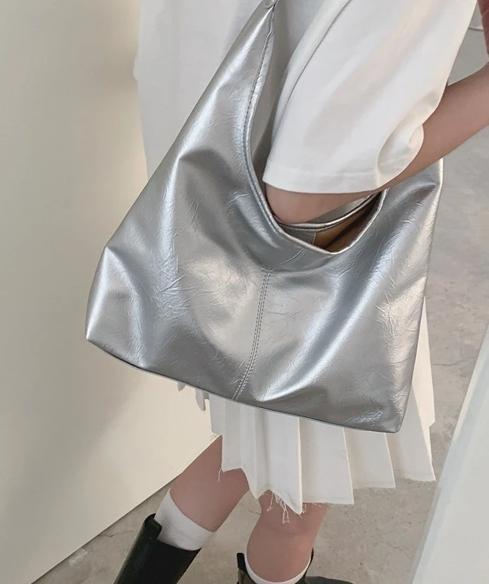 Ying Fashion Shop 爆款流行 銀色單肩包 腋下包包 托特包 大容量 月亮型 百搭學生包 單肩包