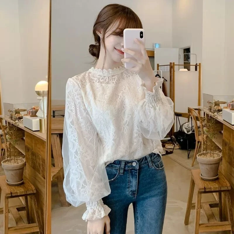 Ying Fashion Shop 甜美氣質款 打底蕾絲衫 超仙氣質百搭 小心機 微透 內搭網紗 長袖薄款蕾絲罩衫