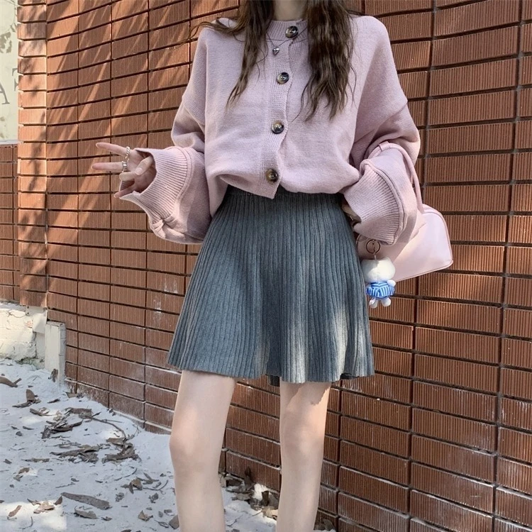 Ying Fashion Shop 柔軟針織 A字半身裙 A字短裙 針織短裙 高腰顯瘦 百搭鬆緊腰 針織A字半身裙