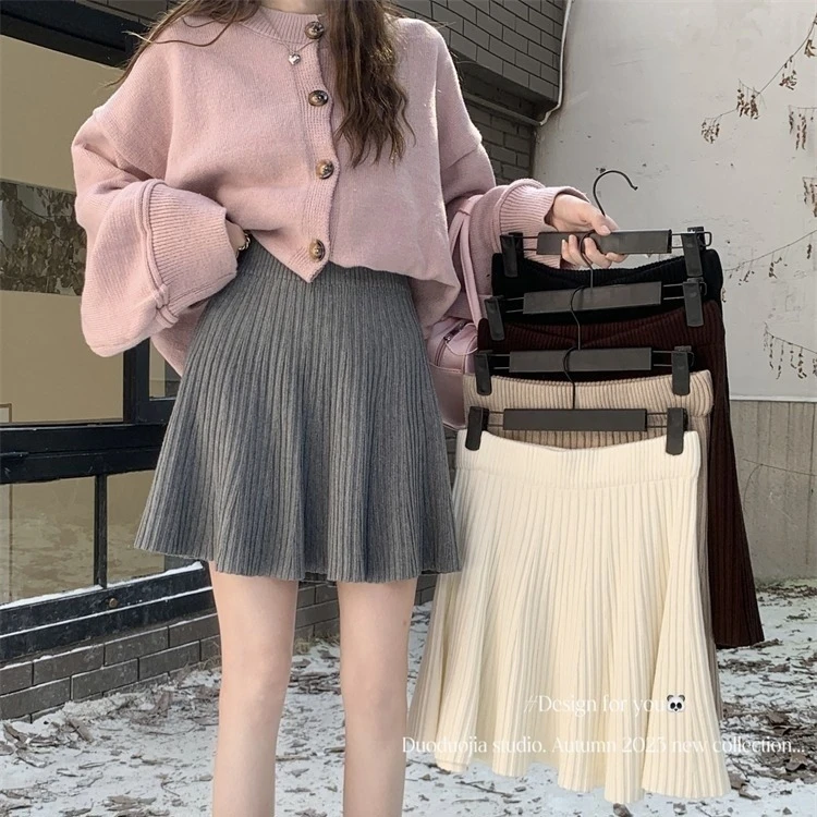 Ying Fashion Shop 柔軟針織 A字半身裙 A字短裙 針織短裙 高腰顯瘦 百搭鬆緊腰 針織A字半身裙