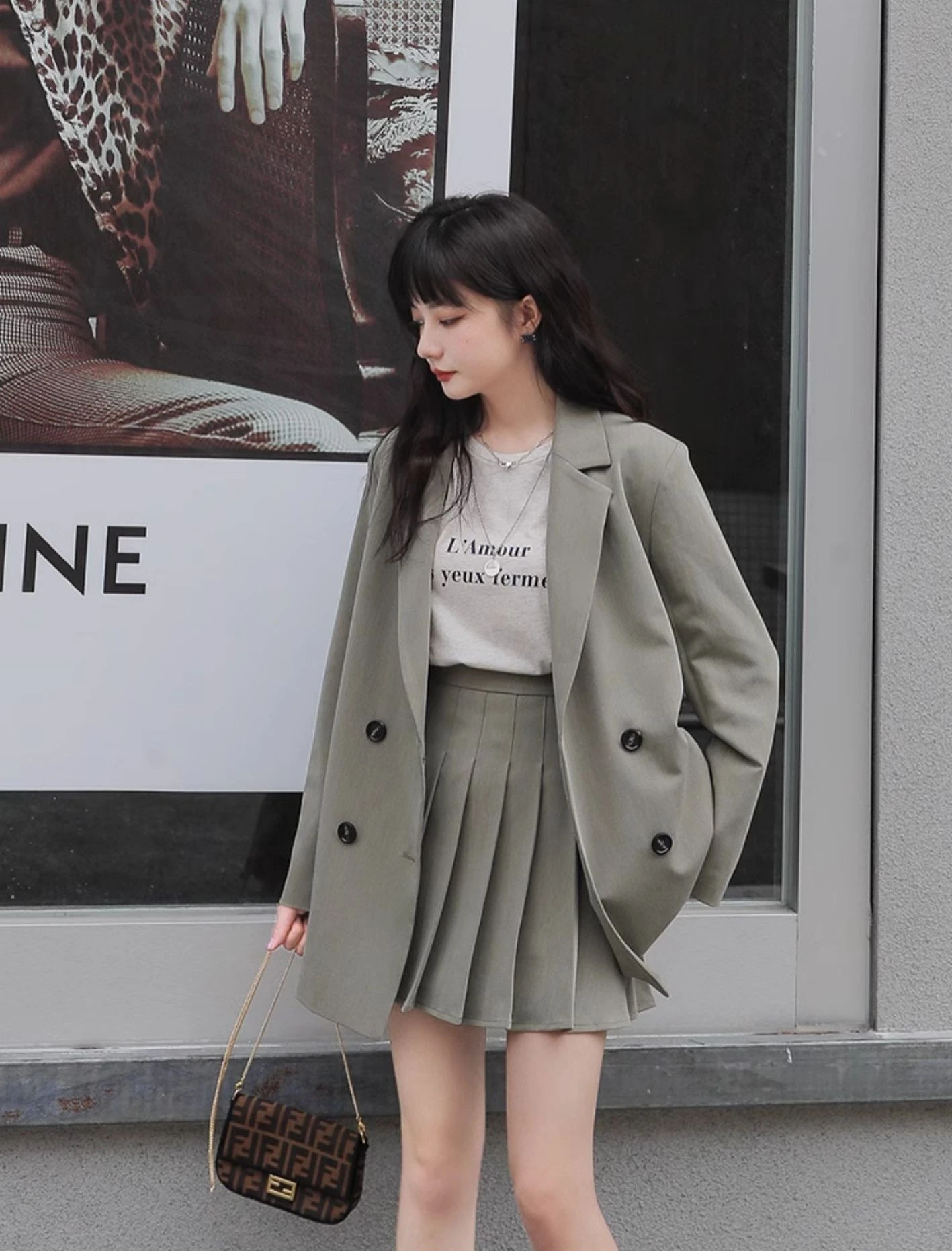 Ying Fashion Shop 超高質感西裝套裝 氣質百搭 小眾設計感 翻領西裝外套+高腰百褶短裙 兩件式套裝