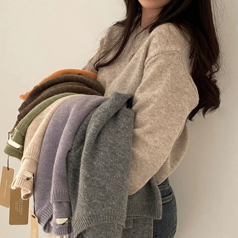 Ying Fashion Shop 秋冬必備 百搭圓領 軟糯針織毛衣 寬鬆打底針織衫 混紡針織上衣