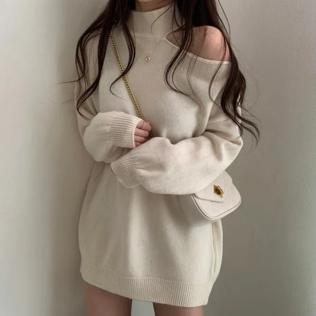 Ying Fashion Shop 秋冬微辣 氣質高領 鏤空露肩 設計百搭 柔軟針織衫 長版針織上衣