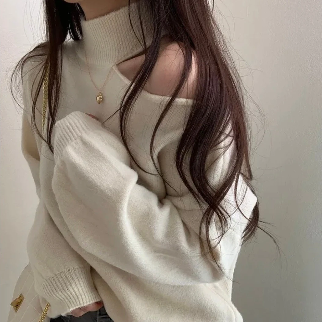 Ying Fashion Shop 秋冬微辣 氣質高領 鏤空露肩 設計百搭 柔軟針織衫 長版針織上衣