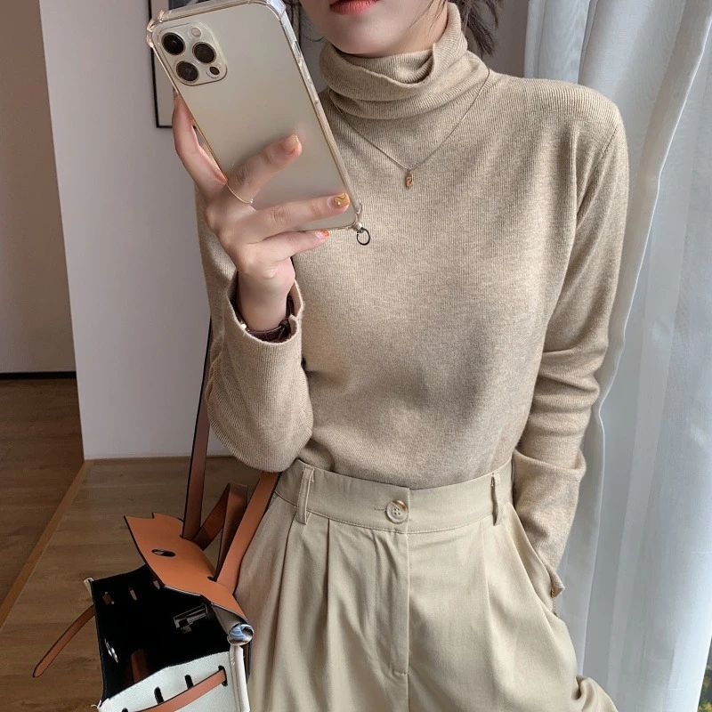 Ying Fashion Shop 高質感柔軟針織 高領打底針織衫 疊穿必備 正肩針織毛衣 內搭針織 保暖打底針織上衣