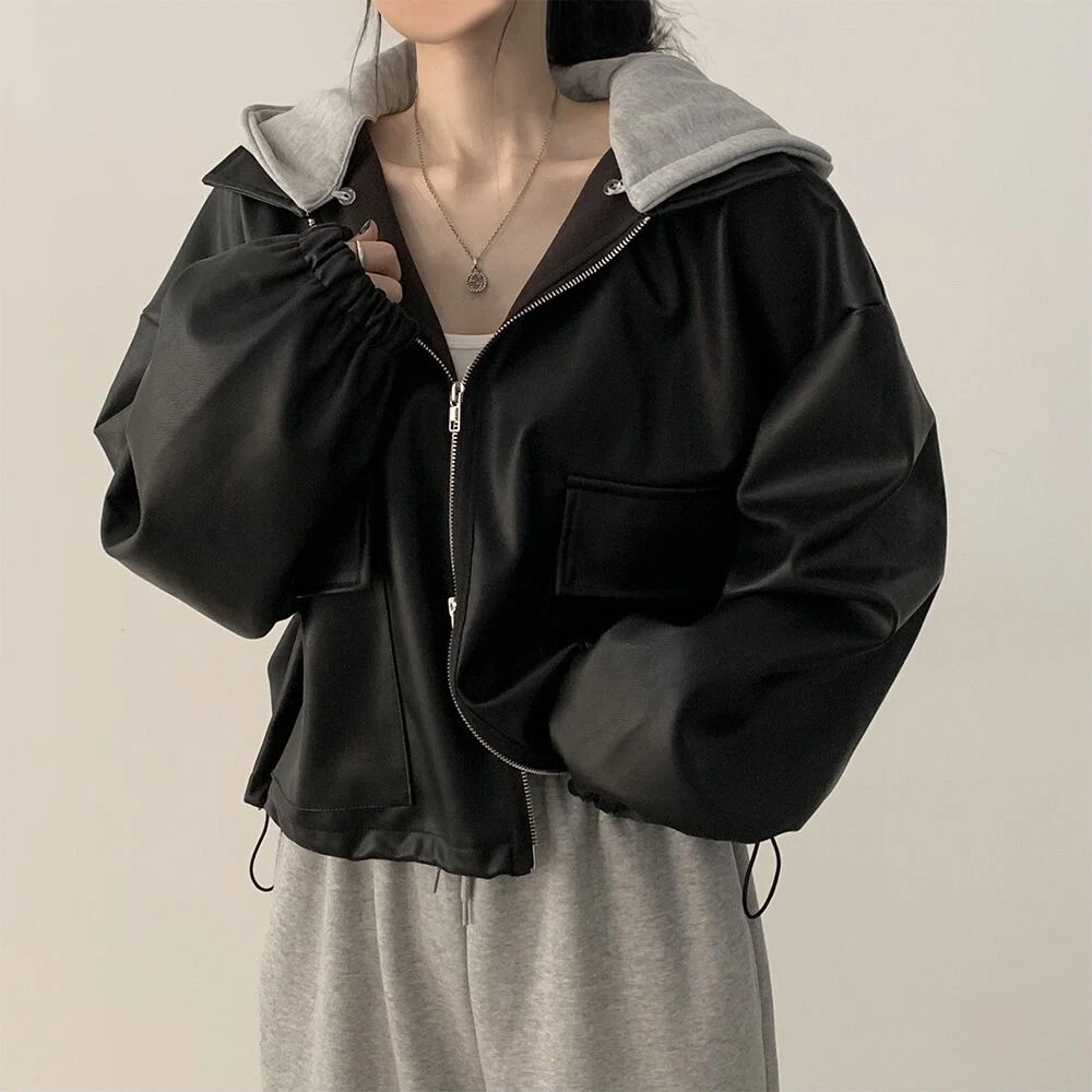Ying Fashion Shop 秋冬復古皮衣外套 拉鍊雙口袋 寬鬆百搭 連帽拼接皮衣外套 短版連帽皮衣外套 帽子可拆