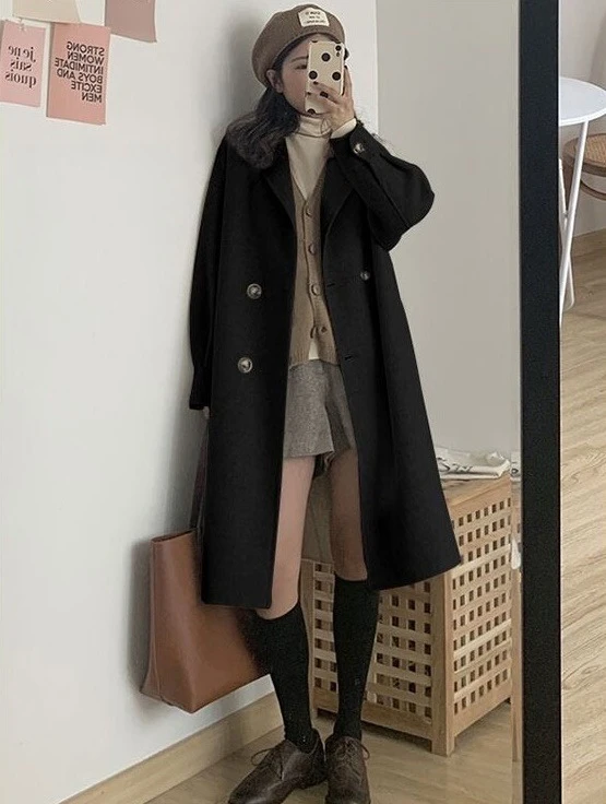 Ying Fashion Shop 超高質感 羊絨大衣 燕麥色柔軟親膚 中長版大衣外套 細膩羊毛(含60%) 羊毛毛呢外套