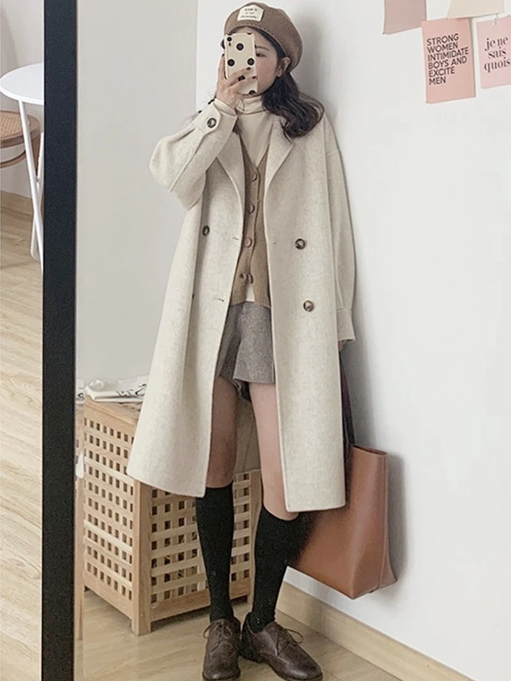 Ying Fashion Shop 超高質感 羊絨大衣 燕麥色柔軟親膚 中長版大衣外套 細膩羊毛(含60%) 羊毛毛呢外套