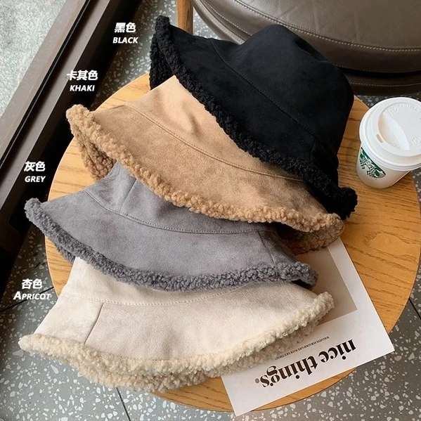 Ying Fashion Shop 高質感羊羔絨漁夫帽 瘦瘦臉必備 臉小款 鹿皮絨拼接羊羔毛 暖呼呼漁夫帽 雙面可帶 男女漁夫帽
