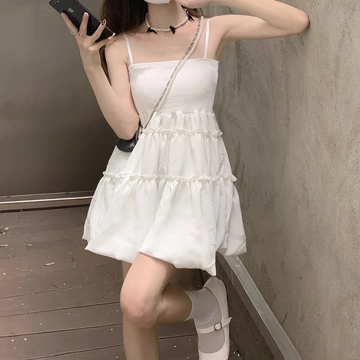 Ying Fashion Shop 夏季新款 法式蓬蓬裙 純慾小清新 氣質 吊帶洋裝 高級感短裙 收腰連衣裙 吊帶洋裝