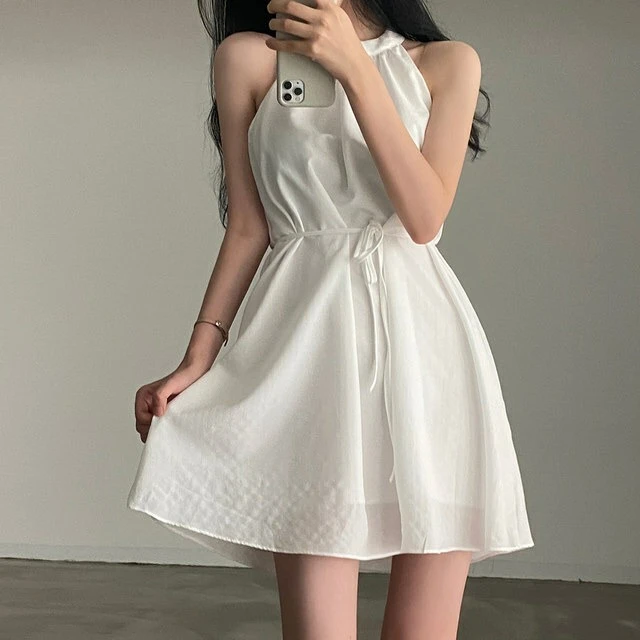 Ying Fashion shop 韓系chic 夏季法式 溫柔甜美洋裝 繞頸圓領 削肩連衣裙 設計感 綁帶收腰 連衣裙