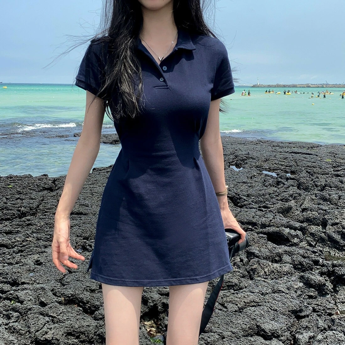 Ying Fashion Shop 夏季新款chic 復古小眾 翻領修身 顯瘦純色 短袖連衣裙 包臀短裙 短袖洋裝