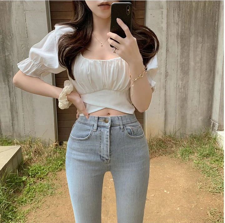Ying Fashion Shop 韓系chic 夏季新款 法式氣質 方領上衣 露鎖骨 收腰綁帶蝴蝶結 泡泡袖短款上衣