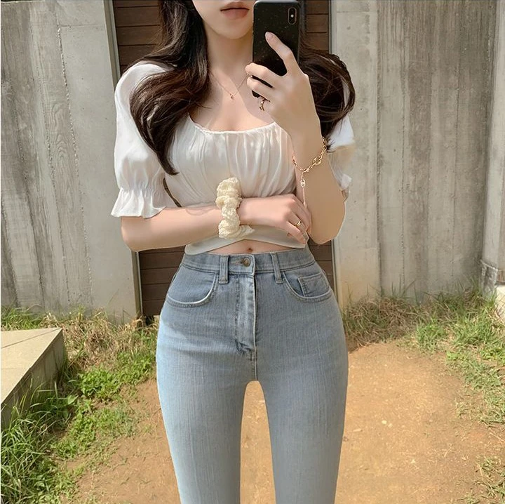 Ying Fashion Shop 韓系chic 夏季新款 法式氣質 方領上衣 露鎖骨 收腰綁帶蝴蝶結 泡泡袖短款上衣