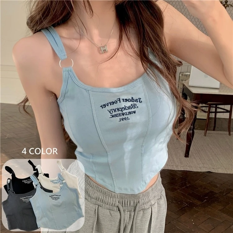 Ying Fashion shop 韓系純慾風 短版辣妹吊帶背心 刺繡字母 Y2K 內搭不規則上衣 含胸墊 短版吊帶背心