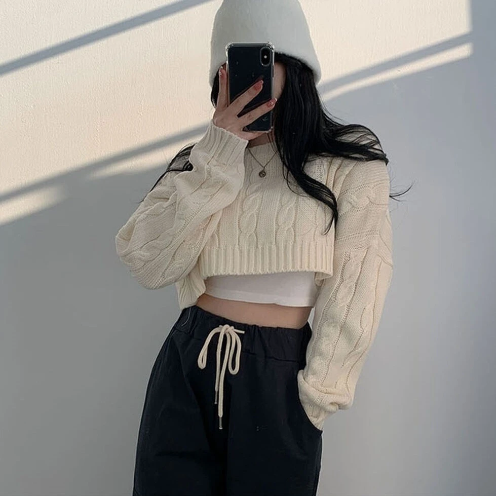 Ying Fashion Shop 秋冬簡約風 百搭圓領 柔軟舒適 重工麻花紋 設計感 短版針織毛衣
