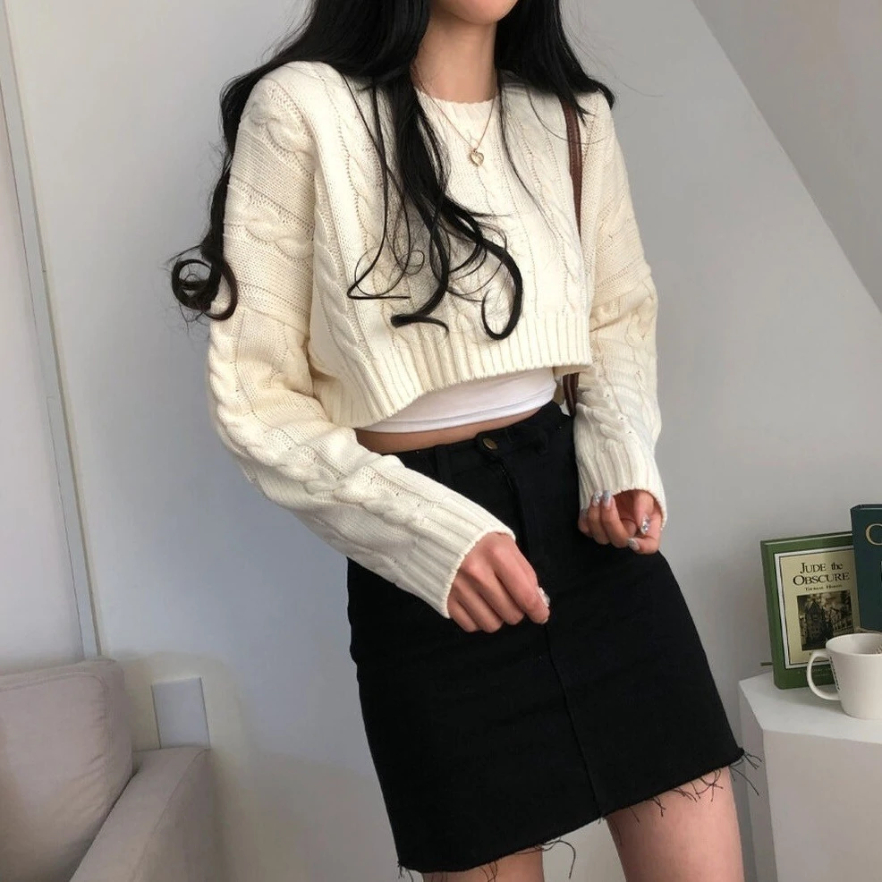 Ying Fashion Shop 秋冬簡約風 百搭圓領 柔軟舒適 重工麻花紋 設計感 短版針織毛衣