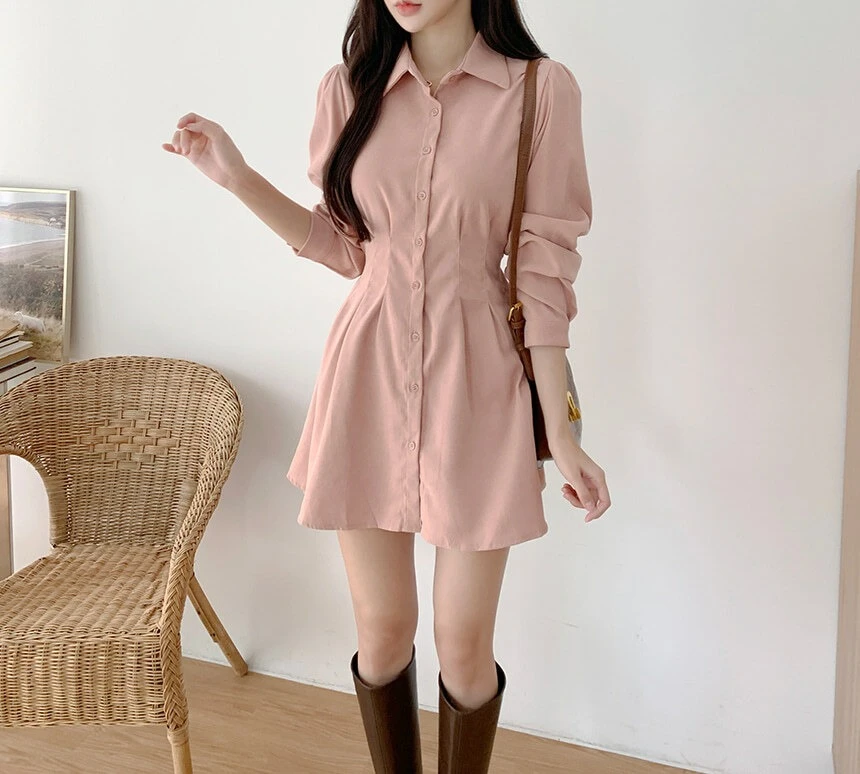 Ying Fashion shop 春秋新款 韓系氣質 收腰顯瘦 百搭必備 襯衫連衣裙 小個子 襯衫短裙 長袖洋裝