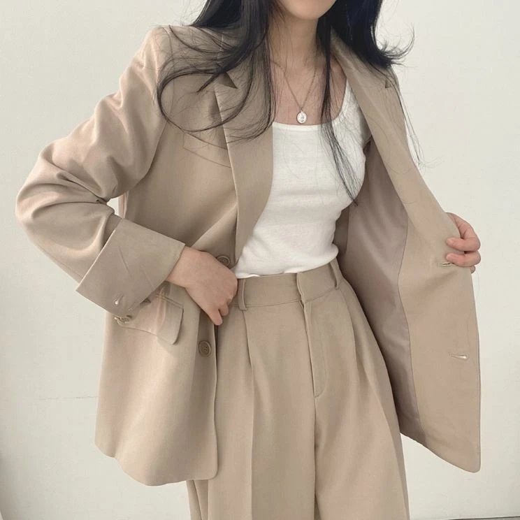 Ying Fashion Shop韓系chic 春秋西裝套裝 休閒翻領外套 西裝外套+高腰垂感寬褲 落地西裝長褲 兩件套