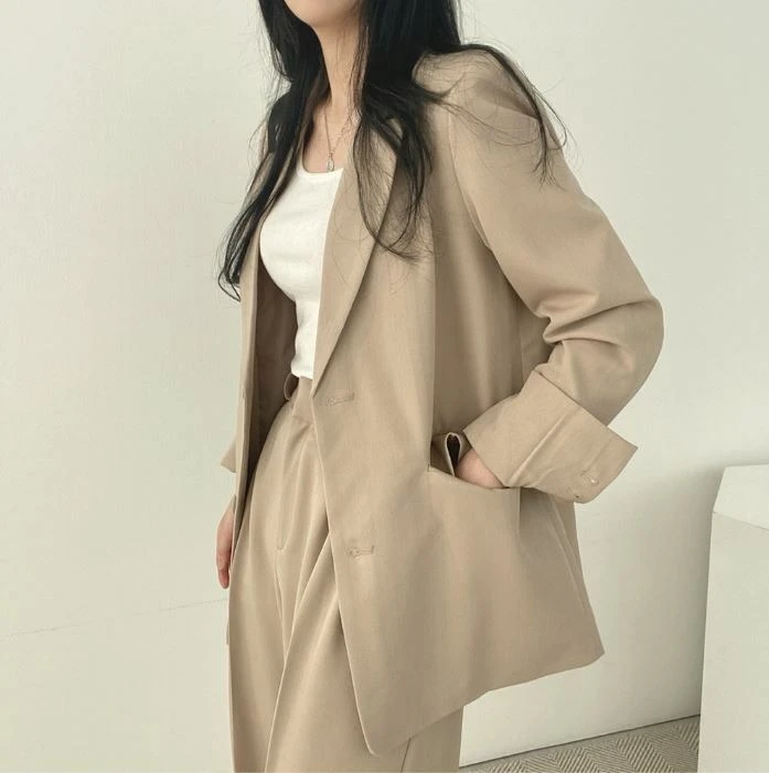 Ying Fashion Shop韓系chic 春秋西裝套裝 休閒翻領外套 西裝外套+高腰垂感寬褲 落地西裝長褲 兩件套