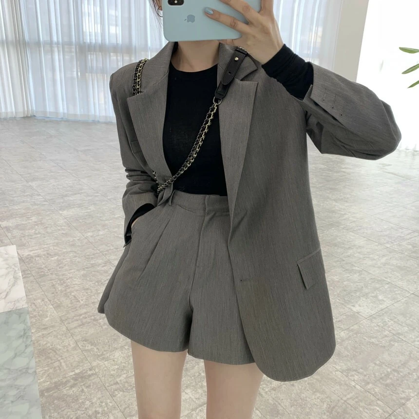 Ying Fashion Shop 韓系chic 法式優雅 氣質翻領 寬鬆西裝外套 高腰闊腿褲 寬褲 西裝短褲 兩件套裝