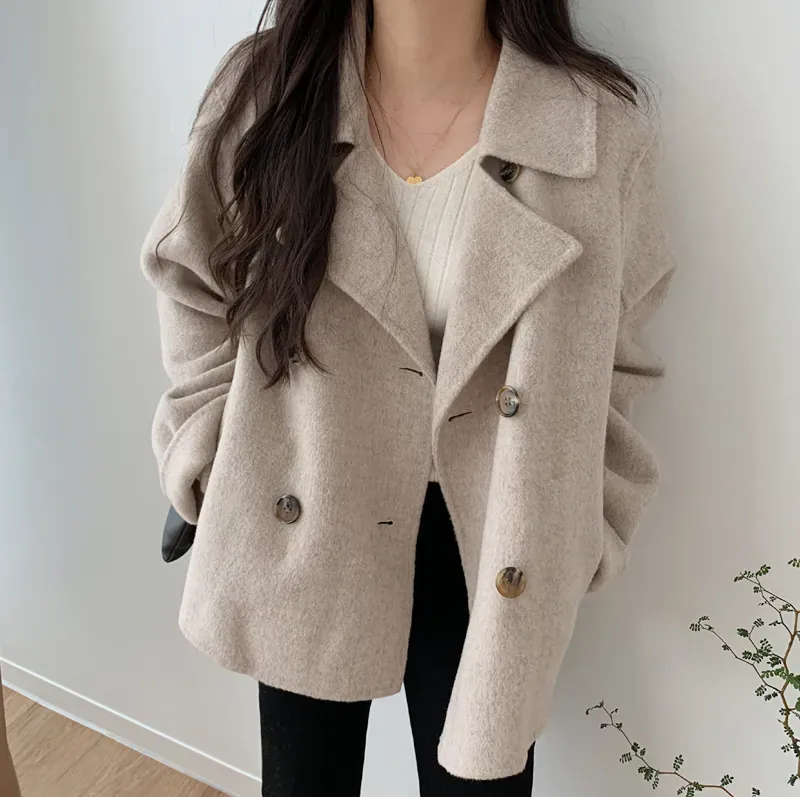 Ying Fashion 秋冬新款 韓國法式 氣質西裝外套 雙排扣 寬鬆百搭 毛呢大衣外套 保暖 短版毛呢外套
