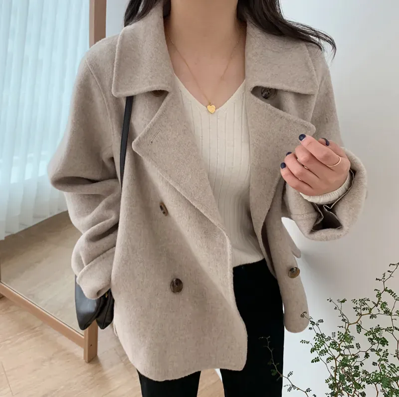 Ying Fashion 秋冬新款 韓國法式 氣質西裝外套 雙排扣 寬鬆百搭 毛呢大衣外套 保暖 短版毛呢外套