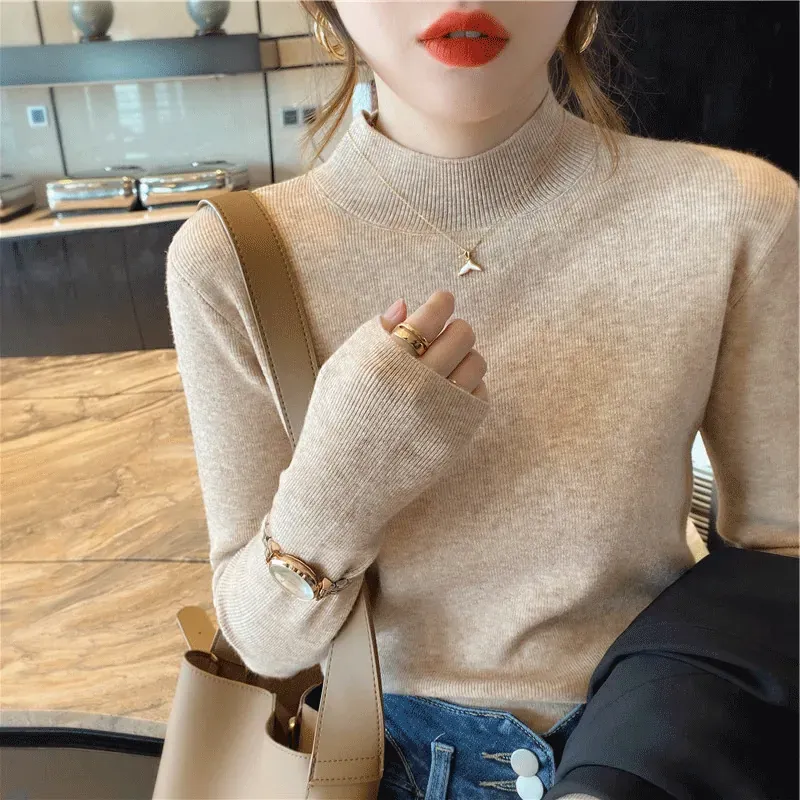Ying Fashion Shop 秋冬新款 半高領羊毛 打底針織衫 軟糯舒適 修身針織上衣 內搭針織 打底針織毛衣