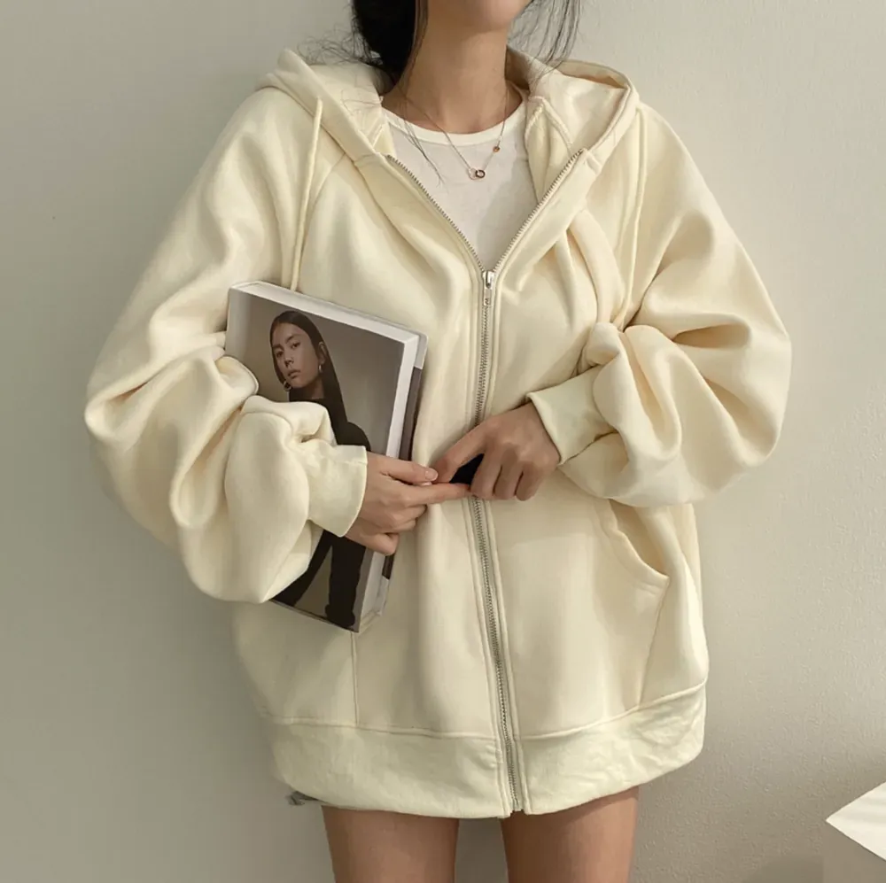 Ying Fashion 秋冬新款 棉質 chic休閒慵懶風 圓領拉鍊外套 寬鬆百搭 燈籠袖 寶寶絨 連帽外套