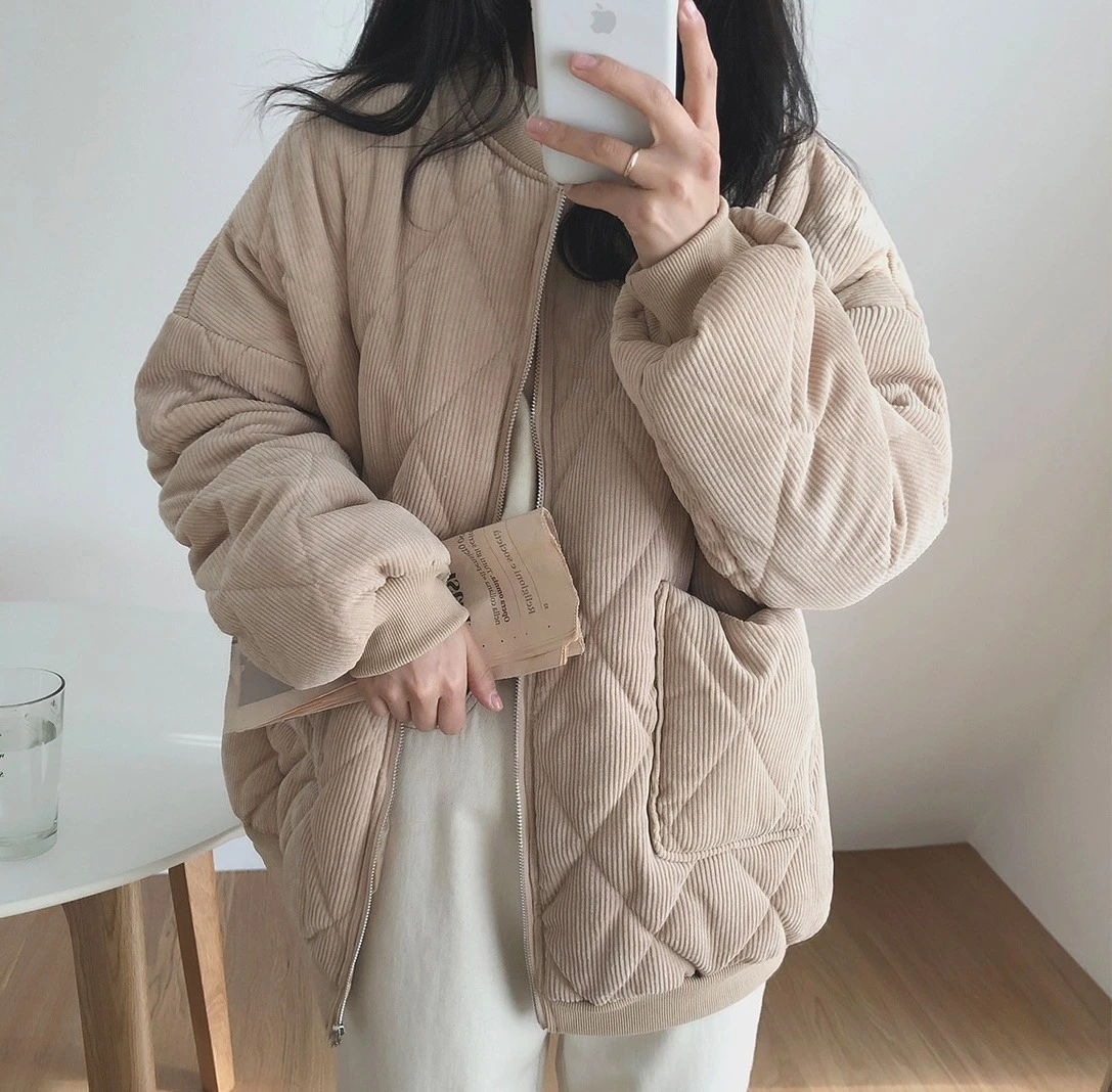 Ying Fashion 秋冬新款 chic簡約百搭 立領菱格 壓紋外套 燈芯絨夾克外套 加厚保暖 棉服外套