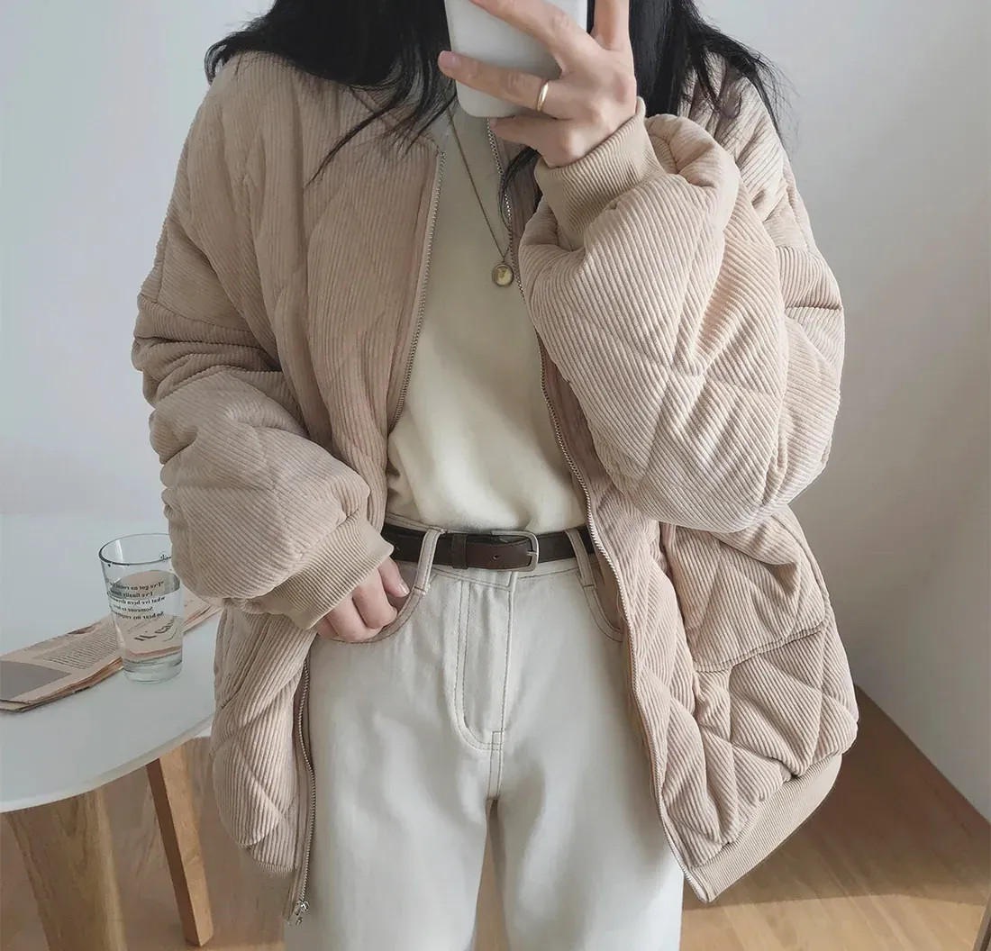 Ying Fashion 秋冬新款 chic簡約百搭 立領菱格 壓紋外套 燈芯絨夾克外套 加厚保暖 棉服外套